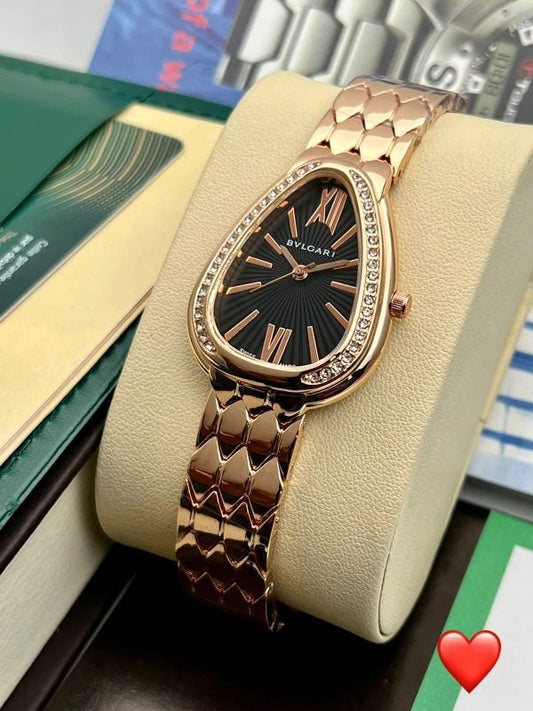 Bvlgari Branded Analog Watch With Rose Gold Color Metal Case & Strap Watch With Black Dial Designer Strap Watch For Girl Or Woman-Best Gift Date Watch- BV-103478