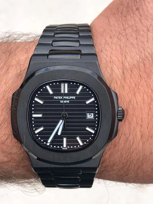 Patek Philippe Nautilus Mad Watch Qurtz Movement Full Black Dated Watch For Men's-Best Men's Collection PK-NEGRO
