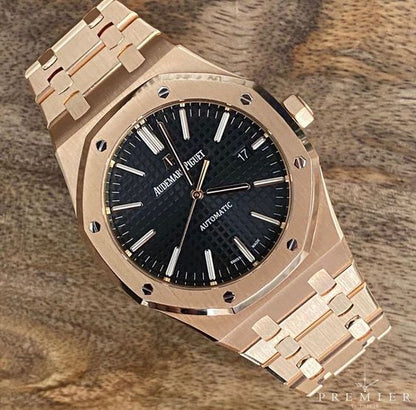 Aude mars Piguet Royal Oak Self-winding Extra-Thin In A Luscious New Plum Tone Dial New Arrival For Man With Black Crocodile Dial With Rose Gold Strap Design Watch AP-155000OR