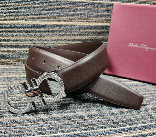 Salvatore Ferragamo Brown Color Plain Leather Formal Men s Women's Waist Belt For Man Woman Or Girl Fashionable Buckle Gift Belt SF-BLT-03