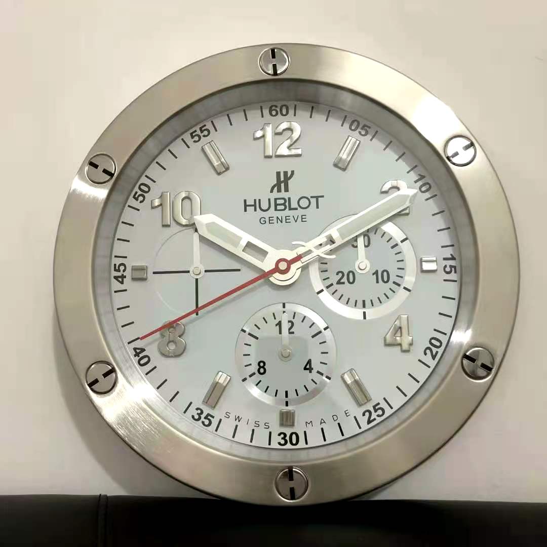 Hublot Wall Clock White Chronogragh Design Luminous Function Metal Art Wall Clock Silver Dial With Metal Silver Case & Gold Markers Home Decor Wall Clocks Inspired By Fusion Wall decording Clock- Classy Look Clock For Home D cor Wall HB-WC-710