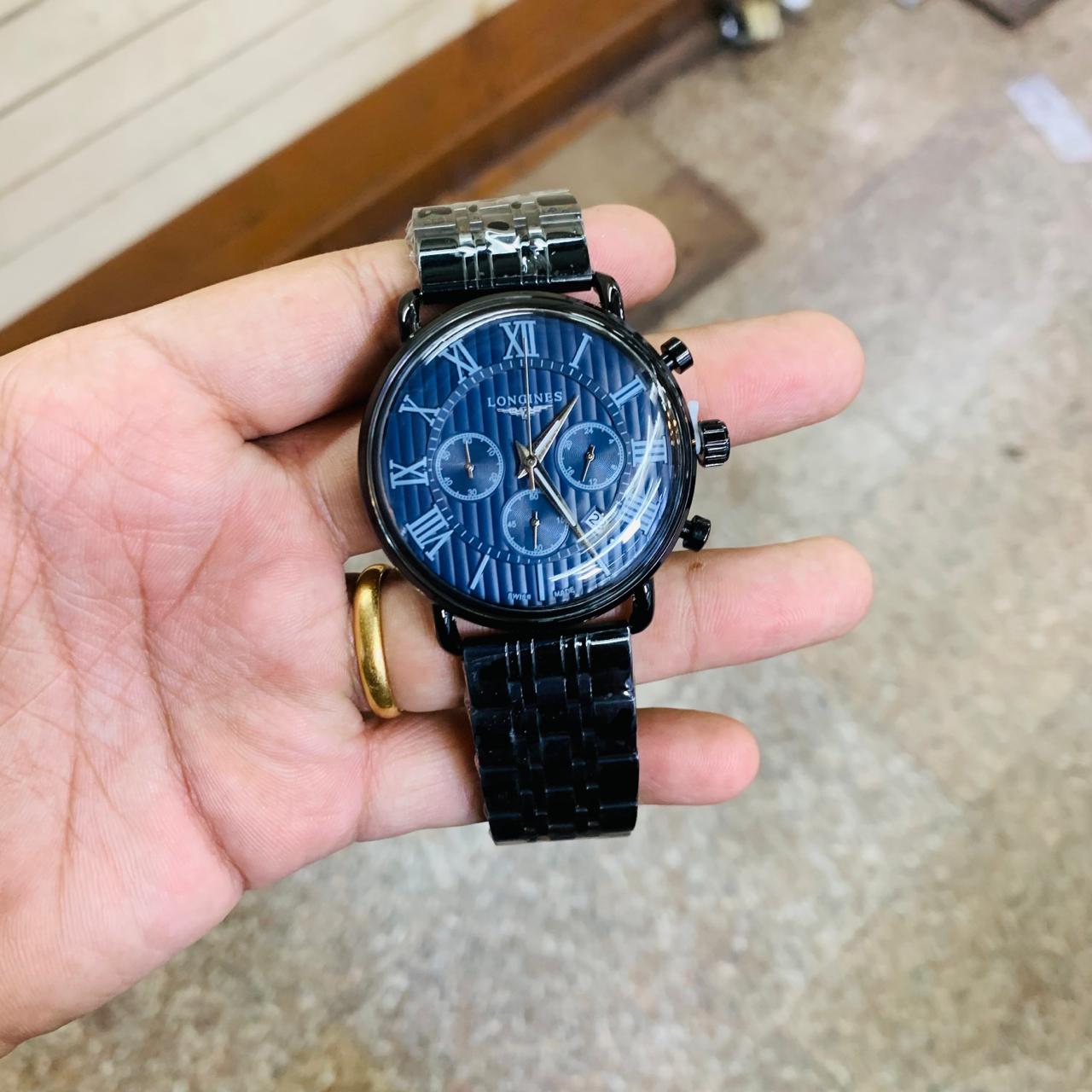 Longines Men's Perpatual Chronograph Black Metal Case With Blue Dial Watch For Men's- Best Branded Watch Ever LG-Variants LG-V432