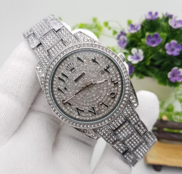 Rolex Diamond Set - Royal Stainless Steel Watch With Arabic Dial Silver Color Watch For Men's And Women's -Best For Stylist Look- Rlx-Arabic