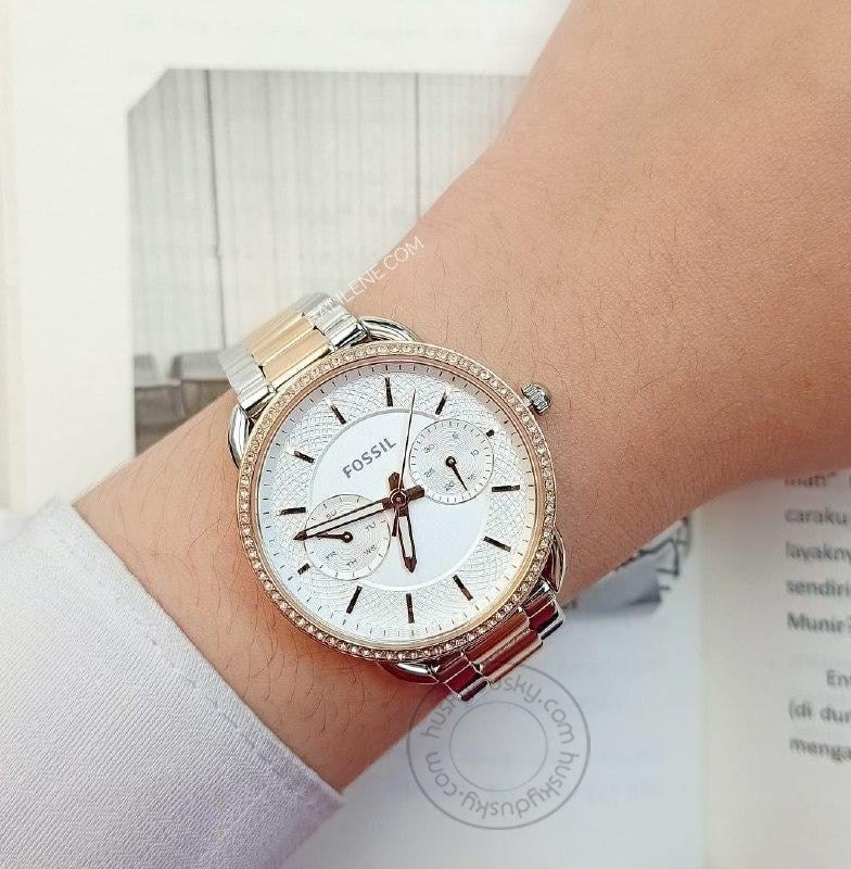 Fossil Rose Gold Silver Women's ES-4396 Watch for Girl or Woman Two Tone - Best Gift For Women