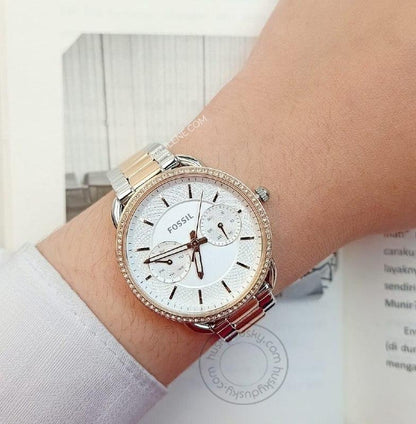 Fossil Rose Gold Silver Women's ES-4396 Watch for Girl or Woman Two Tone - Best Gift For Women