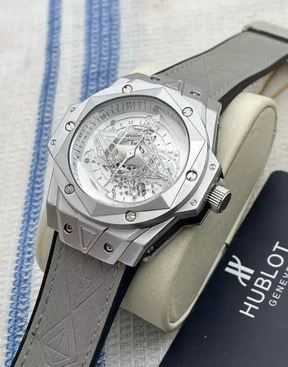 Hublot Latest Collection II All Grey Chronograph Watch With Lether Strap Analog Mens Watch Silver Case White Dial With Grey Leather Belt Watch For Man HB-BB-6688