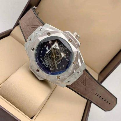 Hublot Sang Analog Mens Watch Silver Case Black Dial With Brown Leather Belt Watch For Man HB-BB-201