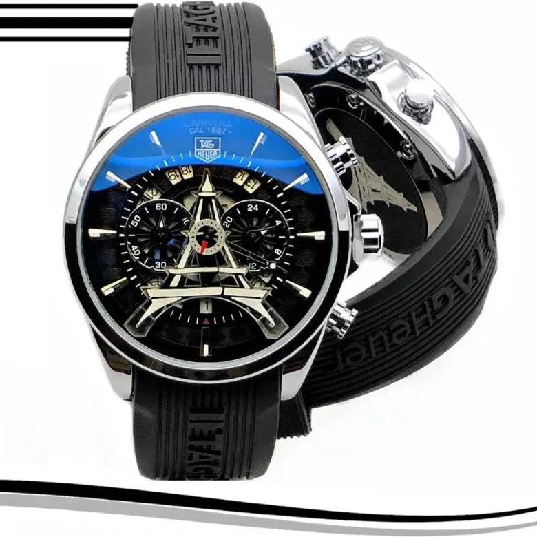 Tag Heuer Carrera Caliber Eiffel Tower Edition TAG-IT-BLK Leather Chronograph Black Dial Men's Watch For Man - Gift