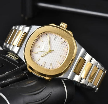 Patek Philippe Nautilus Mad Watch Quartz Movement White Dial Silver And Gold Strap Dated Watch For Men's-Best Men's Collection PP-5665