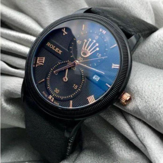 RLX Black Leather Men's Watch For Man RLX-2-05 Black Dial Black Case Date Gift Watch