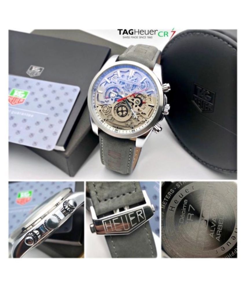 TG CR7 Diagno Grey Chronograph Multi Dial Leather Mens TAG-CAR2110-SILVER Watch for Man - Gift