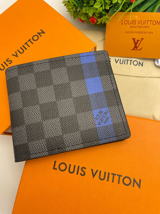 Louis Vuitton Black Color Men's Leather Wallet With Check Pattern And Blue Strap For Man LV-B-24 Best Gift