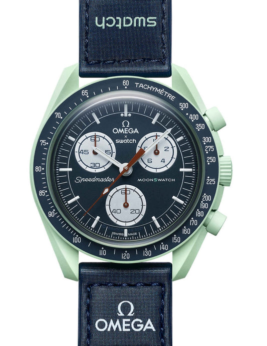 Omega Premium Quality extremely rare, and highly attractive prototype stainless steel With White Black Spacesuit-ready Velcro Strap Green Color Case Chronograph Moon Wristwatch- MISSION TO EARTH OG-P-1050