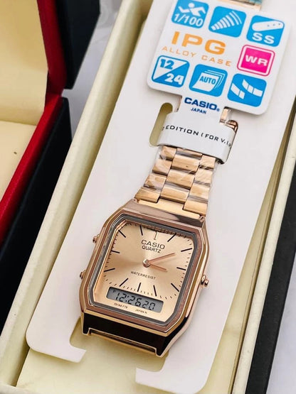 Casio Vintage Analog Black Digital Watch In Rose Gold Color And White Face Unisex Watch For Men's Women's Or Girls AQ-231-Best For casuals Watch For All