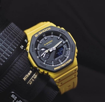 Casio G-Shock Analog Digital Yellow Color Belt Men's Watch For Man GA-2110SU-9ADR Black Color Dial Day And Date Gift Watch
