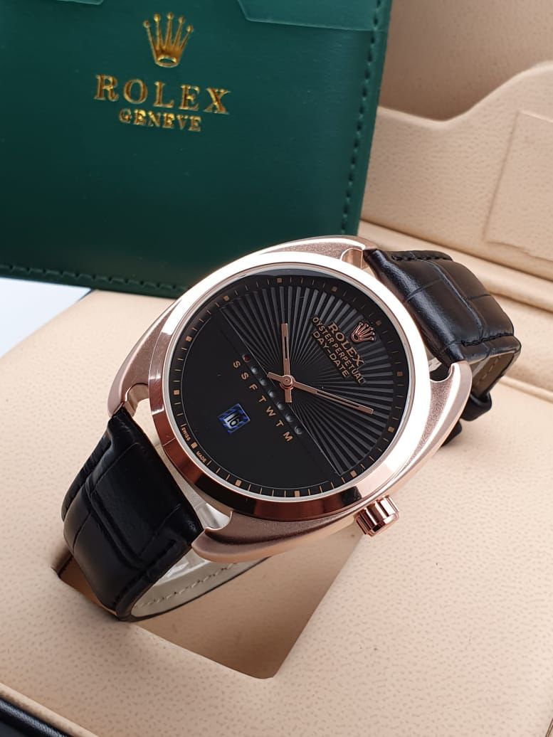 Rolex Black Leather Oyster Perpectual Watch For Men's Casual New Trending Style Watch Black Dial With Gold Metal Day Date Men's Watch_ Best Gift Watch RLX-1209