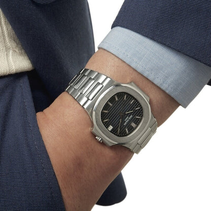Patek Philippe Nautilus Mad Watch Quartz Movement Black Dial Silver Strap Dated Watch For Men's-Best Men's Collection PK-3800