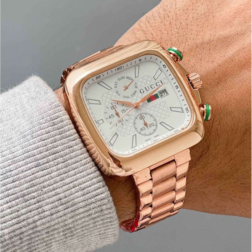 Gucci Chronograph Rose Gold Color Strap Men's Watch For Man White Dial Date Gift Watch GC-6892