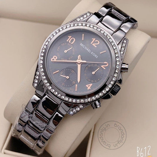 Michael Kors Black Starp Women's Chronograph Mk-3555 Watch For Girl Or Woman Black Dial Diamond Case Best Gift For Women