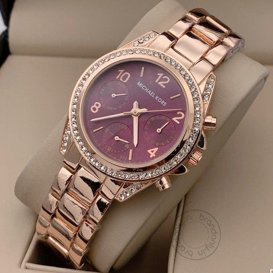 Michael Kors Rose Gold Starp Women's Chronograph Mk-3575 Watch For Girl Or Woman Maroon Dial Diamond Case Best Gift For Women
