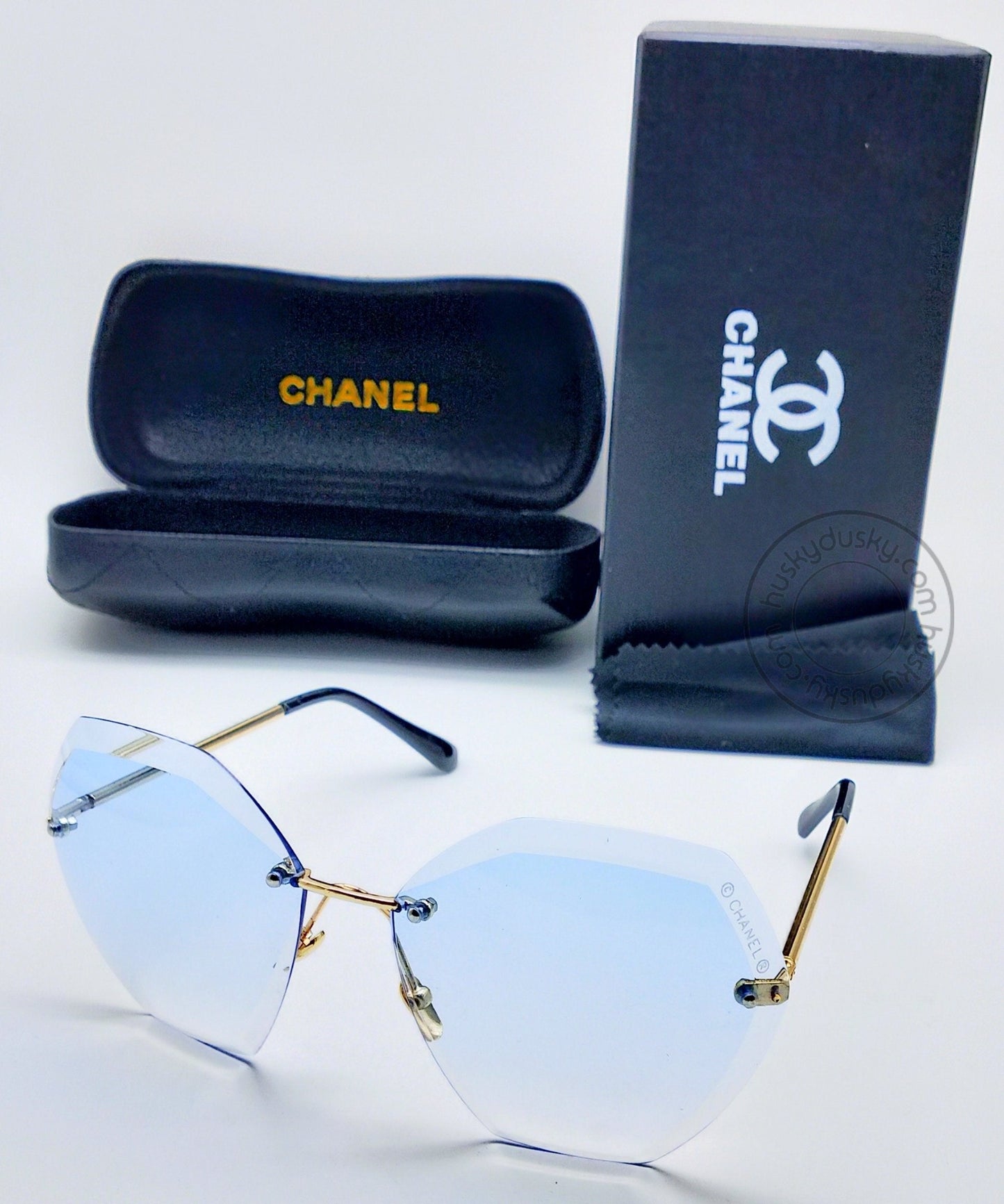 Chanel Branded Hexa Sky Blue Glass Men's Women's Sunglass For Man Woman or Girl CHA-97 Gold And Black Design Stick Gift Sunglass