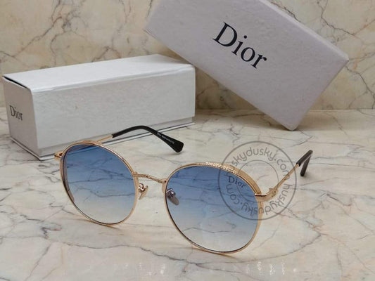 Dior Design Sky Blue Round Men's Women's Sunglass For Man Woman or Girls With Side Shield DR-43 Gold Frame and Black Stick Gift Sunglass