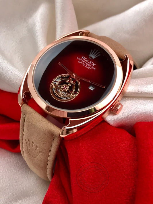 Rolex Oyster Perpetual DayTona Tan Leather Women's Watch For Man RLX-450 Red Dial Gold Case Date Gift Watch