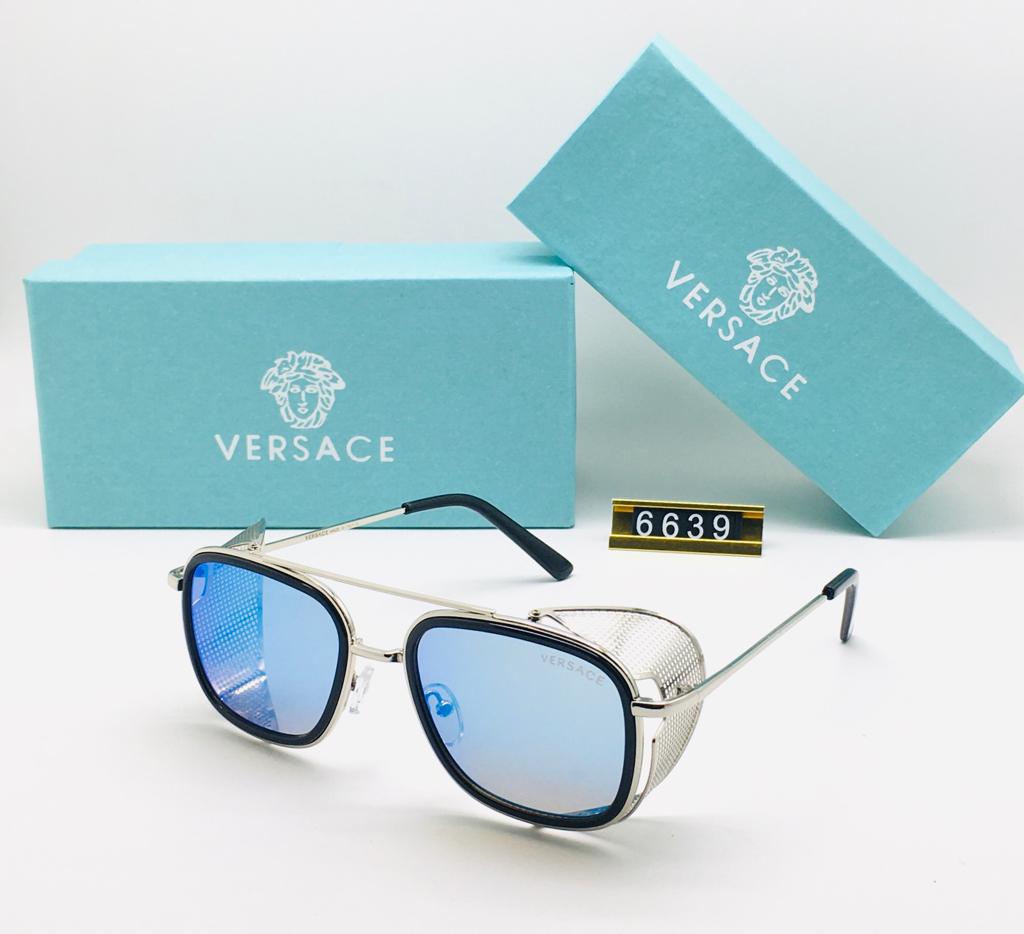 Versace Branded Sky Blue Glass Men's Sunglass For Man VER-6639 Black Frame & Silver Stick Gift Sunglass