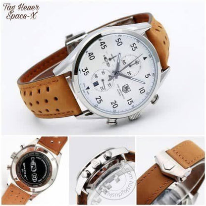 Tag Heuer Carrera Chronograph White Dial Leather Mens 1887-SPACEX-BROWN Watch for Man - Gift