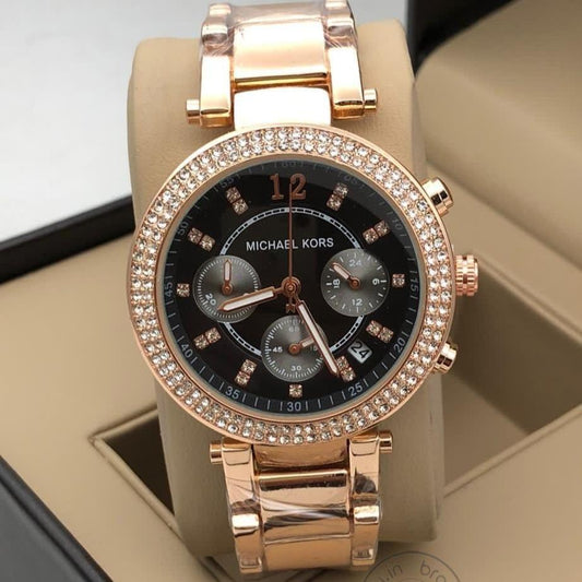 Michael Kors Gold Starp Women's Chronograph Mk-2650 Watch For Girl Or Woman Black Dial Diamond Case Date Best Gift For Women
