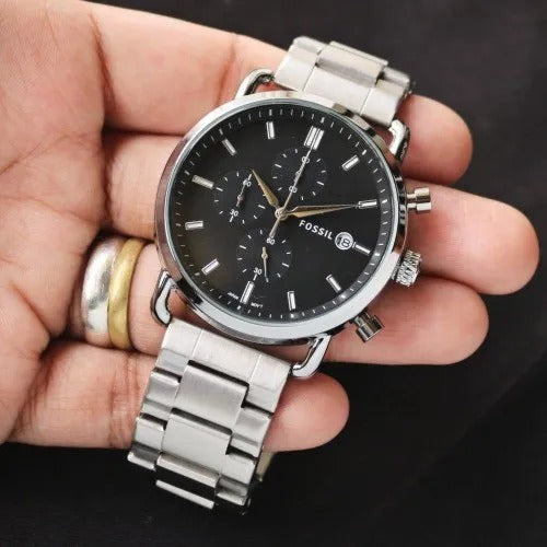 Fossil Silver Stainless Steel Strap Watch For Mens FS-S-BLACK Design Black Dial For Man Best Gift Date Watch