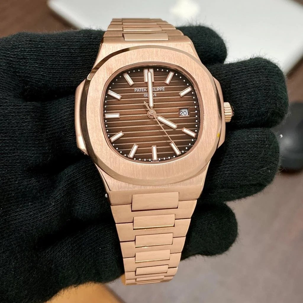 Patek Philippe Nautilus Mad Watch Quartz Movement Rose Gold Strap Dated Watch For Men's-Best Men's Collection PP-6516