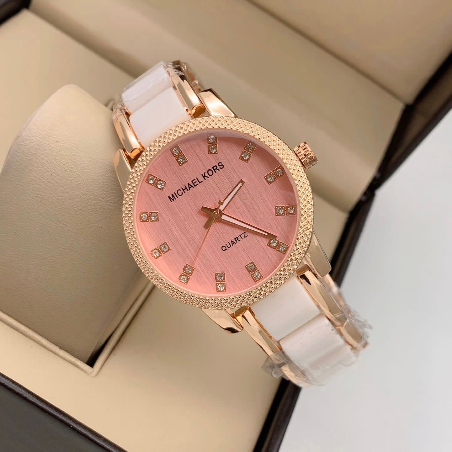 Michael Kors White Gold Strap Gold Tone Case Stainless Steel Analog Pink Dial Watch Women's Watch For Girl Or Woman Best Gift Watch-MK-8017