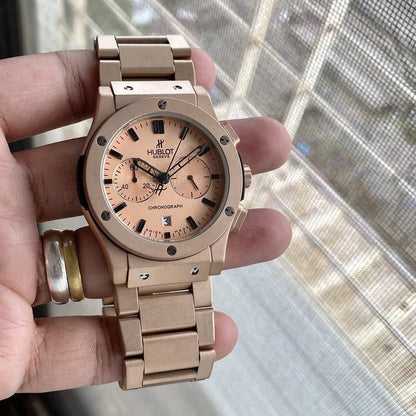 Hublot Big Bang Classic CHRONOGRAPH Magic Bracelet Strap Watch In Rose Gold And Rose Gold Dial Watch 45mm Round Big Bang 5, Formal Watch For Men's HB-RG-89