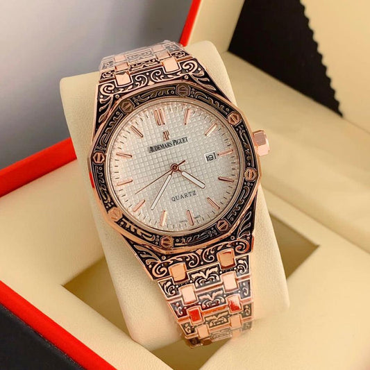 Aude mars Quartz Movement New Arrival Piguet Royal Oak Grande Fleur Engraved Extra-Thin In A Luscious New Plum Tone Dial For Man With White crocodile Dial Rose Gold Design Watch AP-59-Oak