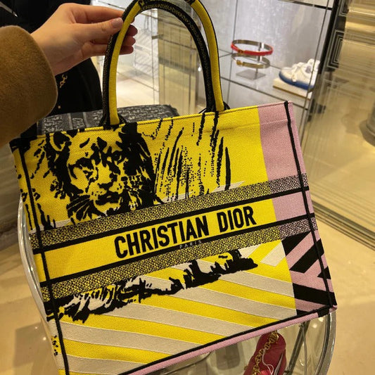 Christian Dior Women Fashion Western Style Bright Yellow and Pink D-Jungle Pop Embroidery Medium Bag For Women's Or Girls Bag - Best Casual Use Bag DR-M886-WBG