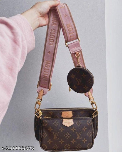 LOUIS VUITTON Cross Body Handbag In Stunning Brown Checks Pattern Pink Color Belt Women's Or Girls Bag Along with sling- Stylist Daily Use Bag LV-2873