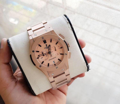 Hublot Big Bang Classic CHRONOGRAPH Magic Bracelet Strap Watch In Rose Gold And Rose Gold Dial Watch 45mm Round Big Bang 5, Formal Watch For Men's HB-RG-89