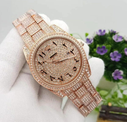 Rolex Diamond Set - Stainless Steel Watch With Arabic Rosegold Dial Watch For Men's And Women's -Best For Stylist Look- Rlx-Arabic-Rosegold