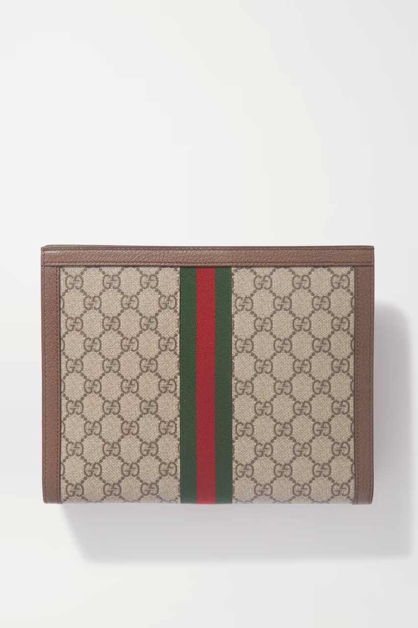 GUCCI - GG SUPREME MONOGRAM OPHIDIA PORTFOLIO POUCH Clutch Bag beige/ebony GG Supreme canvas brown leather trim green and red Web Gucci clutch handbag Best Quality Bag For Men?s Pouch GC-8657