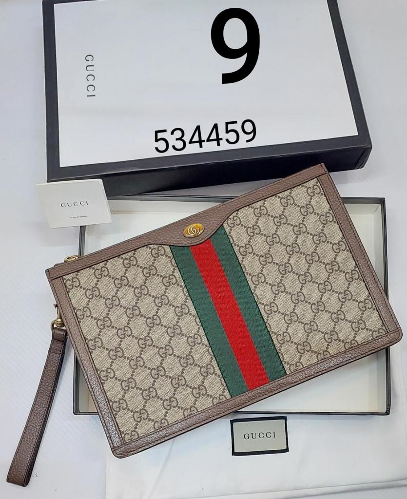 GUCCI - GG SUPREME MONOGRAM OPHIDIA PORTFOLIO POUCH Clutch Bag beige/ebony GG Supreme canvas brown leather trim green and red Web Gucci clutch handbag Best Quality Bag For Men?s Pouch GC-8657