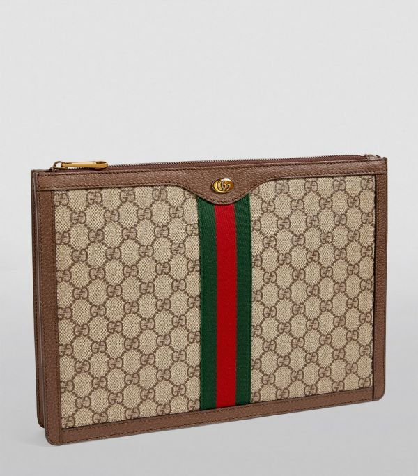 GUCCI - GG SUPREME MONOGRAM OPHIDIA PORTFOLIO POUCH Clutch Bag beige/ebony GG Supreme canvas brown leather trim green and red Web Gucci clutch handbag Best Quality Bag For Men?s Pouch GC-8657