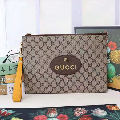 Gucci new classic for men's and women's brown monogram clutch with detachable yellow wristlet strap Neo Vintage GG Supreme Pouch Neo Vintage GG Supreme? Pouch GC-8677