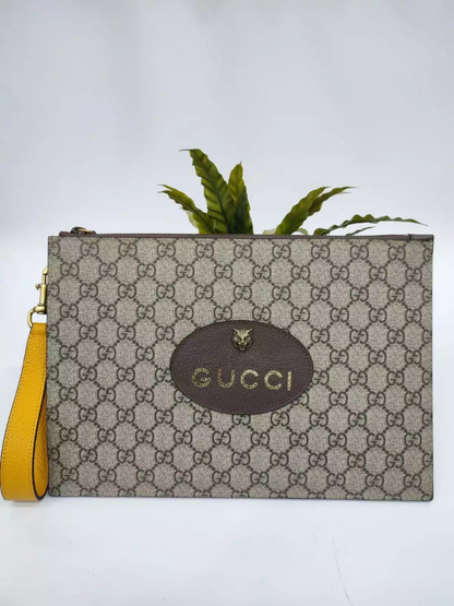 Gucci new classic for men's and women's brown monogram clutch with detachable yellow wristlet strap Neo Vintage GG Supreme Pouch Neo Vintage GG Supreme? Pouch GC-8677