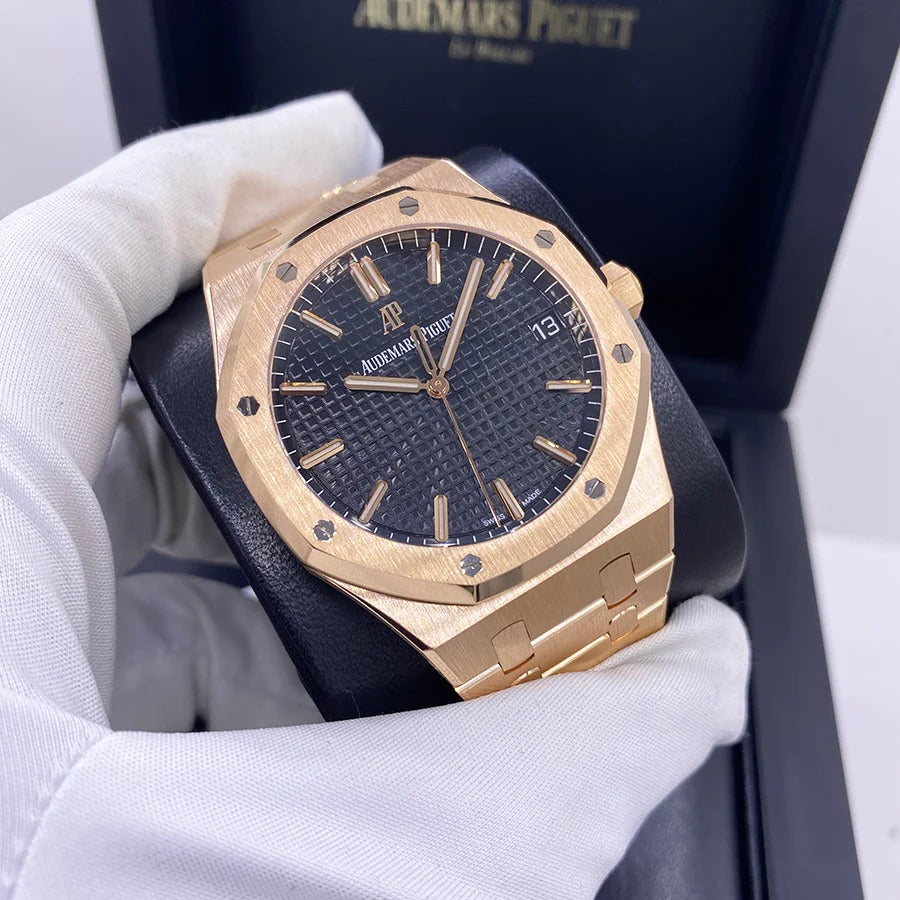 Aude mars Piguet Royal Oak Self-winding Extra-Thin In A Luscious New Plum Tone Dial New Arrival For Man With Black Crocodile Dial With Rose Gold Strap Design Watch AP-155000OR