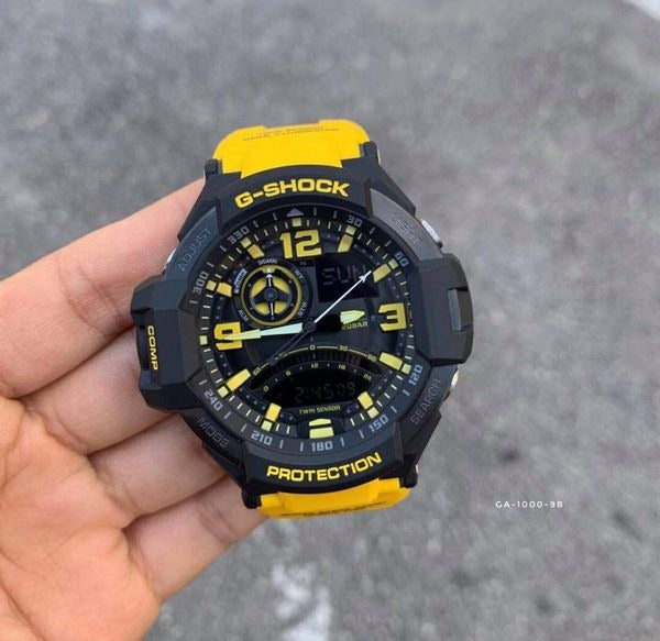 Casio G-Shock Analog Gravity Master ARMY MILITARY NAVY WATCH Twin Sensor World Time Digital Men Black Analogue With Yellow Strap and Digital watch With Metal Case Watch For Man Day And Date Gift Watch GA-1000-9A