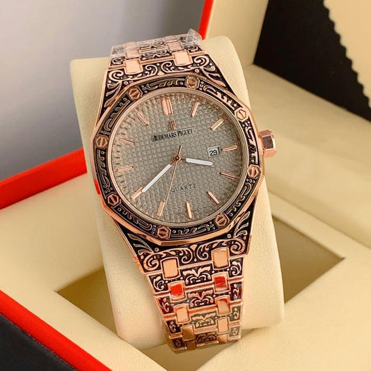 Aude mars Quartz Movement New Arrival Piguet Royal Oak Grande Fleur Engraved Extra-Thin In A Luscious New Plum Tone Dial For Man With White crocodile Dial Design Dial Rose Gold Design Watch AP-55-Oak