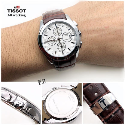 Tissot TS-3823 Chronograph Brown Leather Mens Watch for Man White Date Display Best Gift for Man