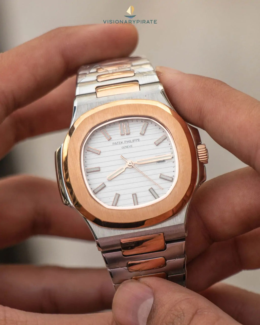 Patek Philippe Nautilus Mad Watch Quartz Movement White Dial Silver And Rosegold Strap Dated Watch For Men's-Best Men's Collection PP-7156