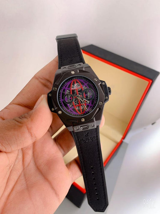 Hublot Big Bang Unico Sang Bleu Black Magic Dial Watch With Black Color Dial And Black Leather Strap Dated Watch_HB-B1215